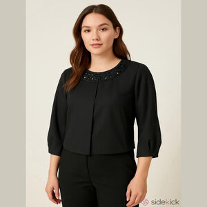 Olsen Europe Cropped Jacket Size 6 Black Embellished Cotton Blend